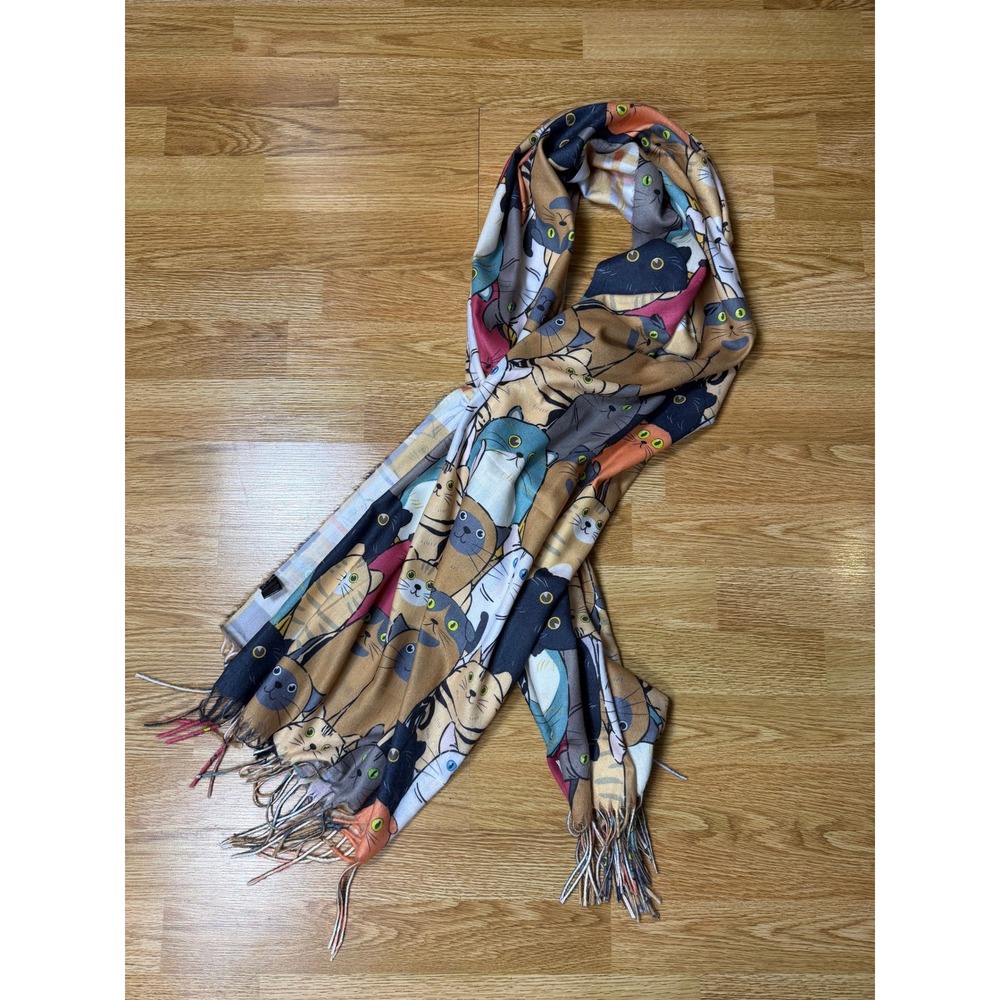 Maximalist Cartoon Cat Print Scarf Autumn Multicolor Reversible Plaid Fringe